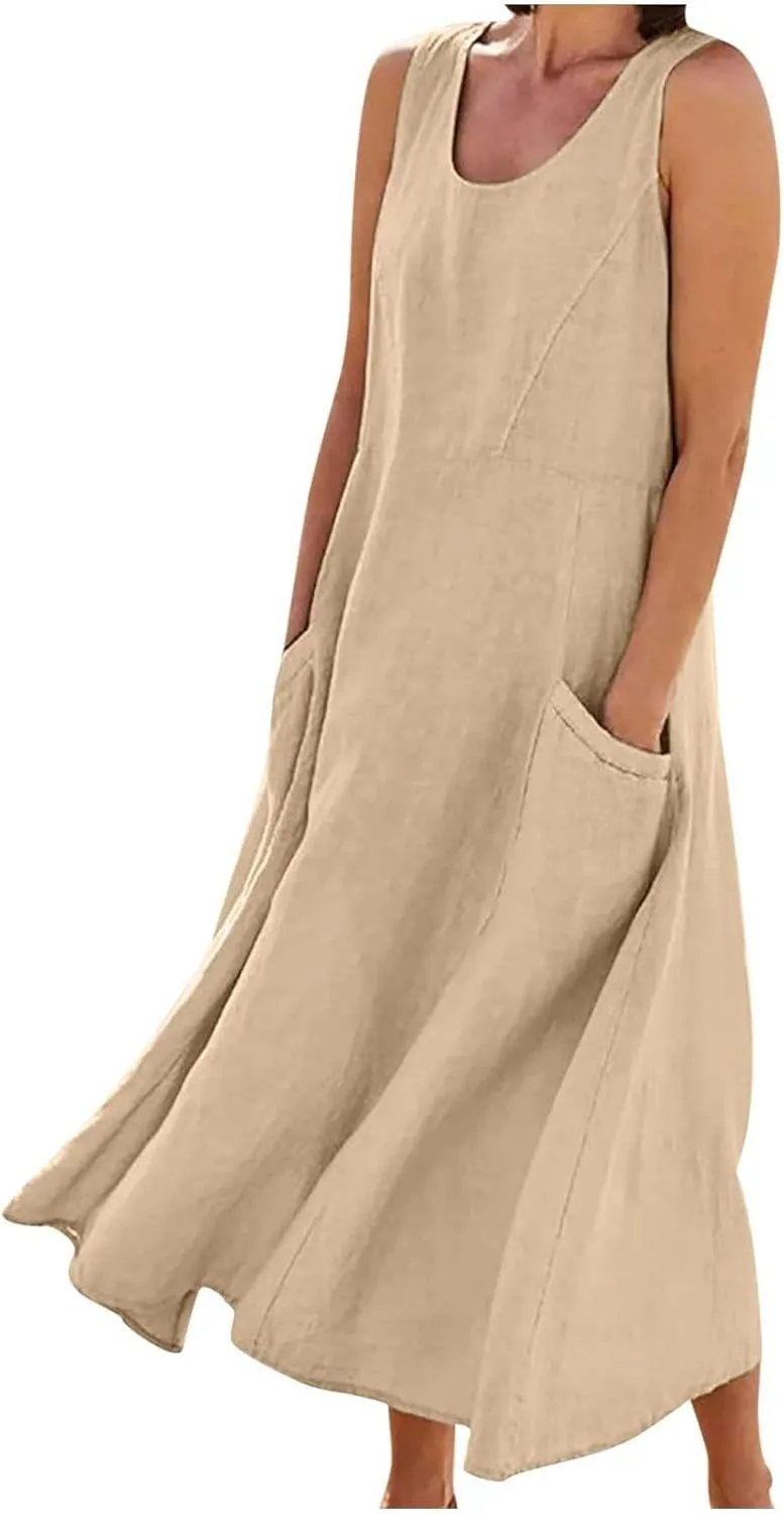 Cotton Linen Maxi Dress Women's 2025 Summer Boho Casual Beach Dresses Sleeveless Solid Long Sundress Vacation Outfits