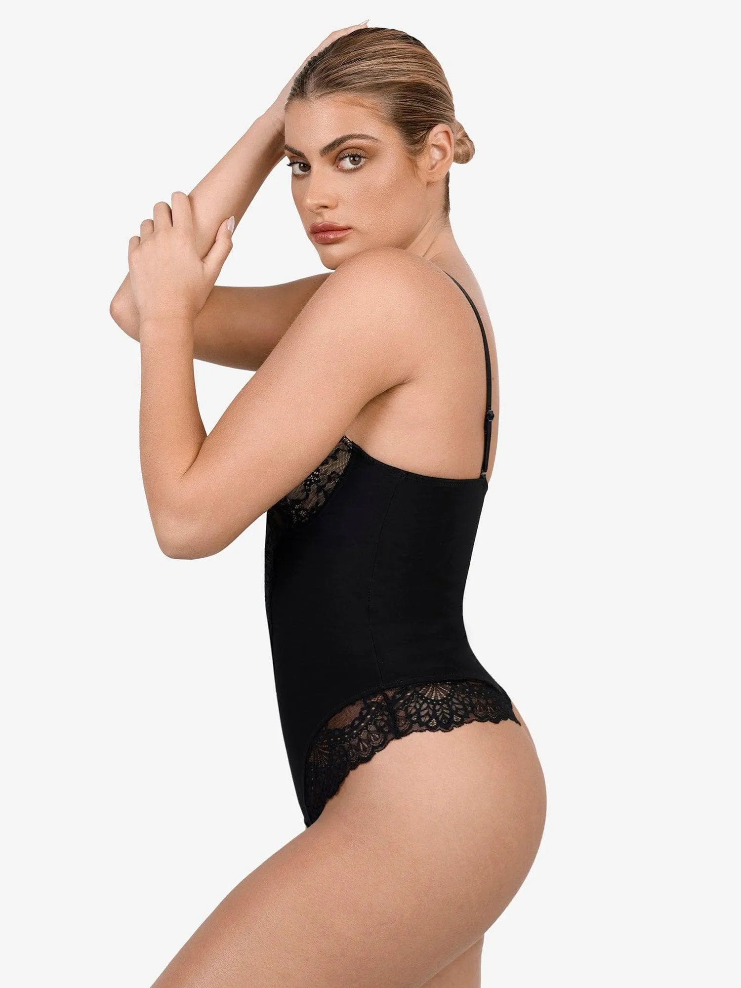 Deep-V Neck Lace Shapewear Bodysuit Leather Midi Skirt Set