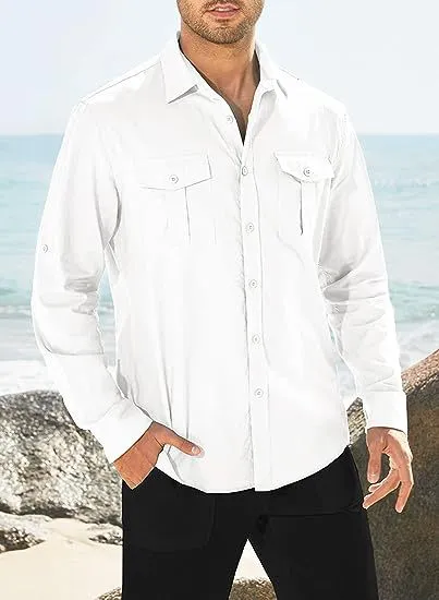 DOUBLE POCKET COTTON LINEN LONG SLEEVED SHIRT CASUAL VACATION SHIRT