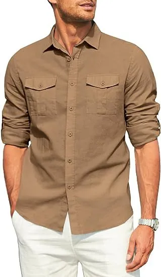 DOUBLE POCKET COTTON LINEN LONG SLEEVED SHIRT CASUAL VACATION SHIRT