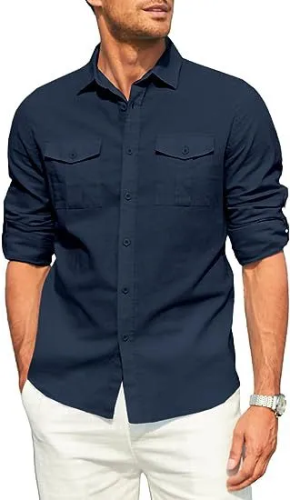 DOUBLE POCKET COTTON LINEN LONG SLEEVED SHIRT CASUAL VACATION SHIRT