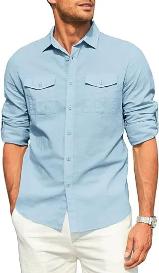 DOUBLE POCKET COTTON LINEN LONG SLEEVED SHIRT CASUAL VACATION SHIRT
