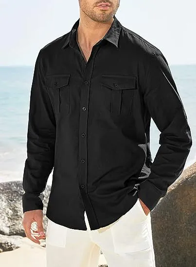 DOUBLE POCKET COTTON LINEN LONG SLEEVED SHIRT CASUAL VACATION SHIRT