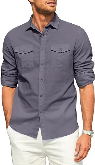DOUBLE POCKET COTTON LINEN LONG SLEEVED SHIRT CASUAL VACATION SHIRT