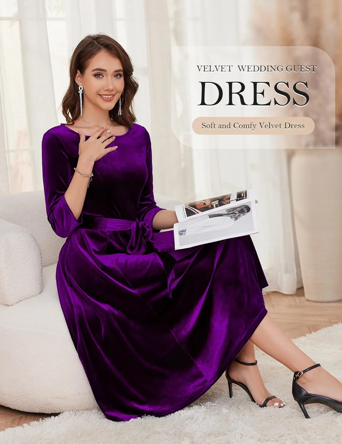 DRESSTELLS Velvet Cocktail Dress for Women, 2024 Winter Christmas Holiday Dress, 3/4 Long Sleeves Party Formal Dress