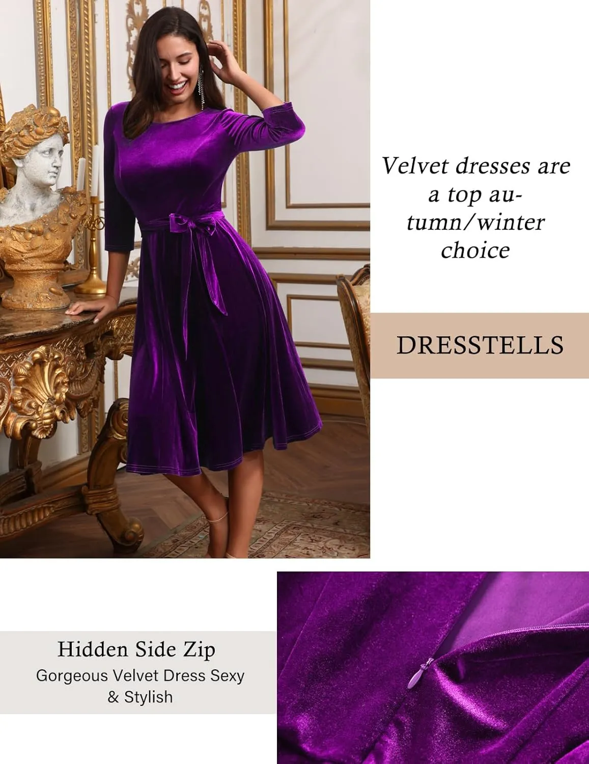 DRESSTELLS Velvet Cocktail Dress for Women, 2024 Winter Christmas Holiday Dress, 3/4 Long Sleeves Party Formal Dress