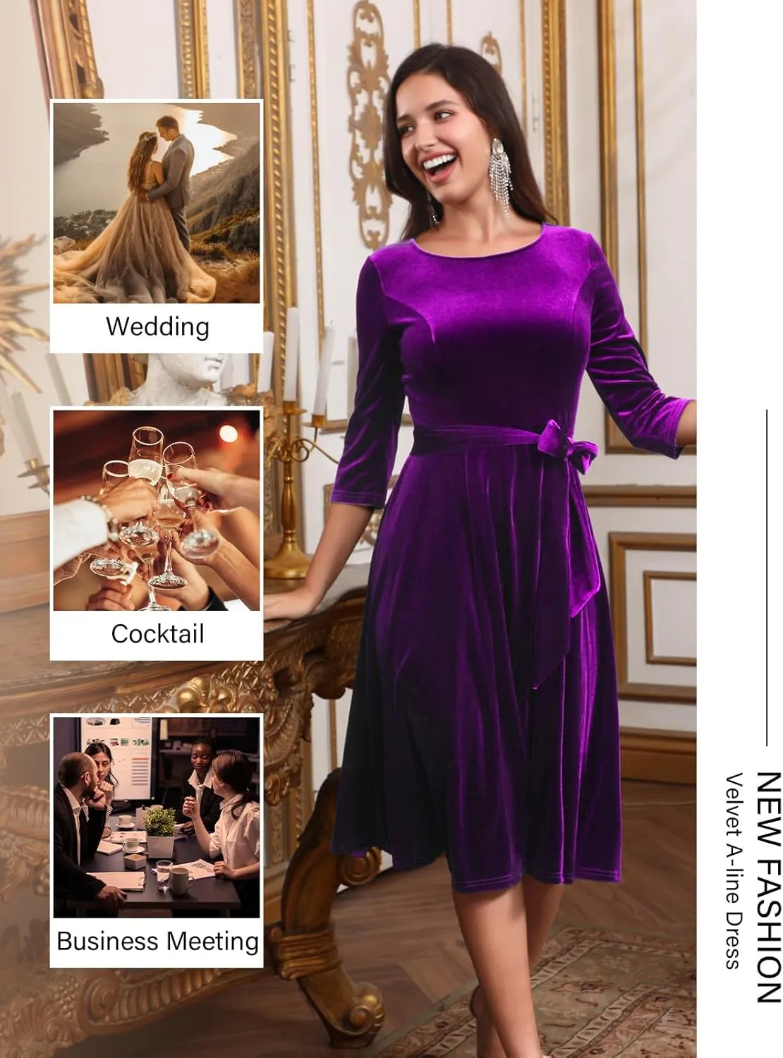 DRESSTELLS Velvet Cocktail Dress for Women, 2024 Winter Christmas Holiday Dress, 3/4 Long Sleeves Party Formal Dress