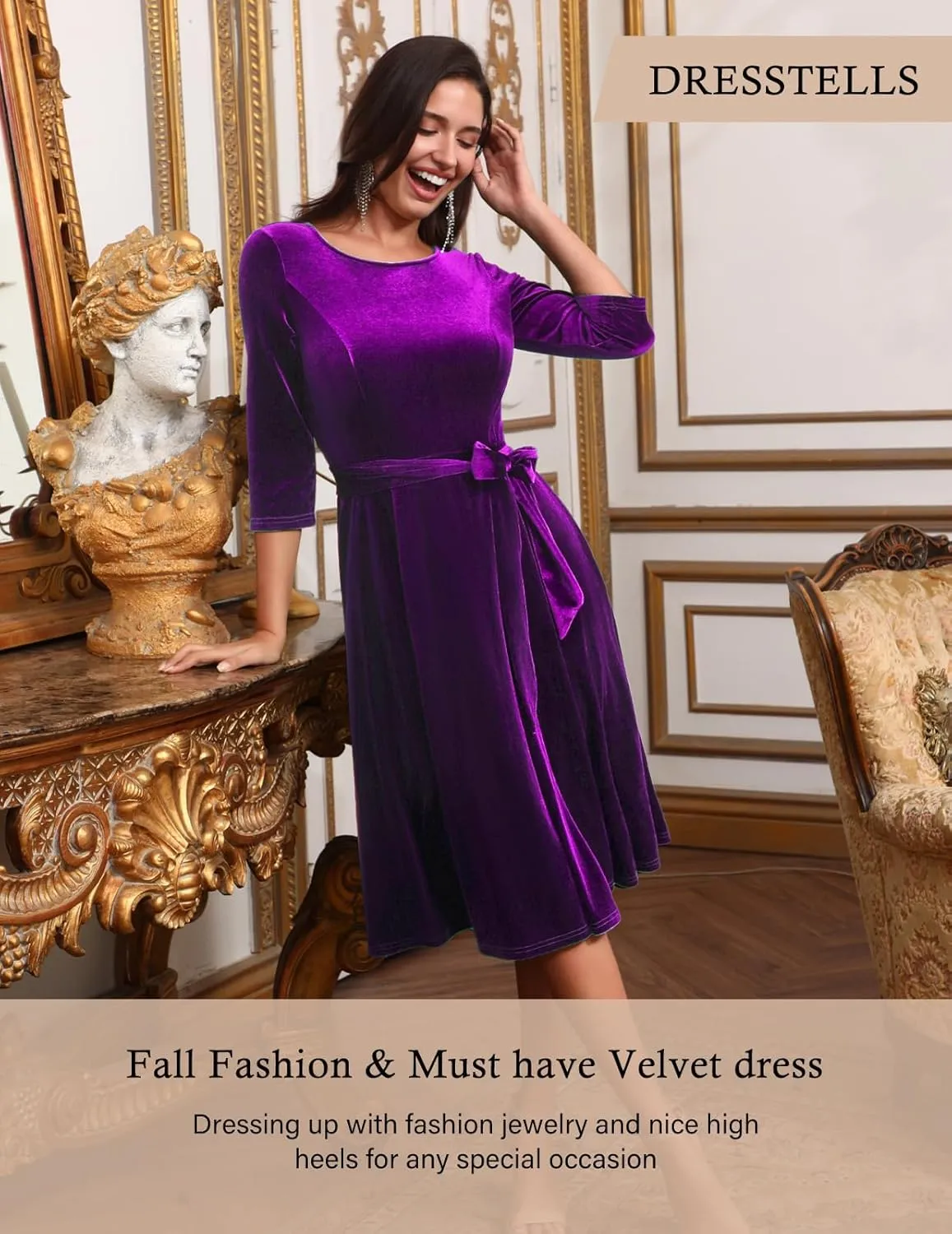 DRESSTELLS Velvet Cocktail Dress for Women, 2024 Winter Christmas Holiday Dress, 3/4 Long Sleeves Party Formal Dress