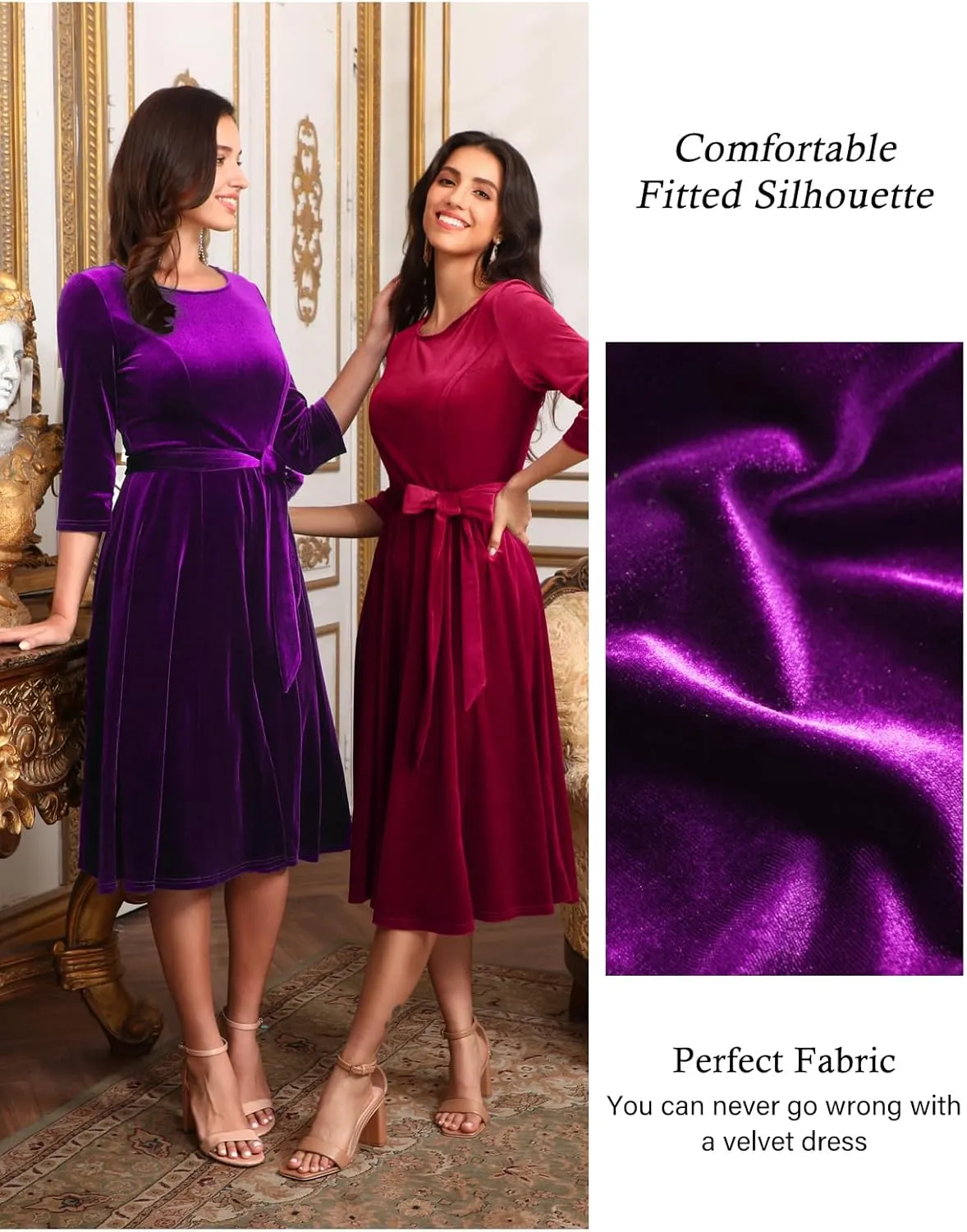 DRESSTELLS Velvet Cocktail Dress for Women, 2024 Winter Christmas Holiday Dress, 3/4 Long Sleeves Party Formal Dress