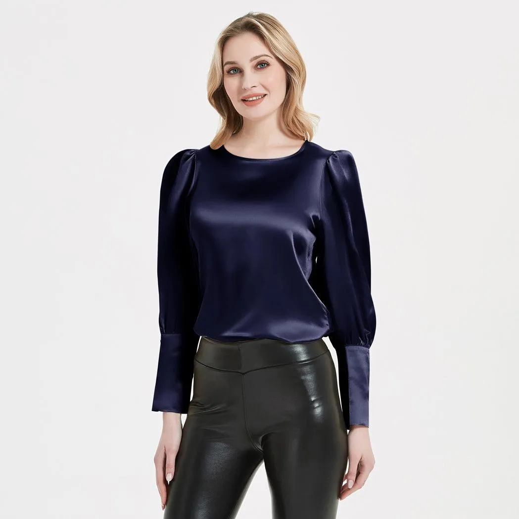 Elegant Womens Silk Blouse 22 Momme Round Neck Silk Top Long Sleeves Silk Shirt