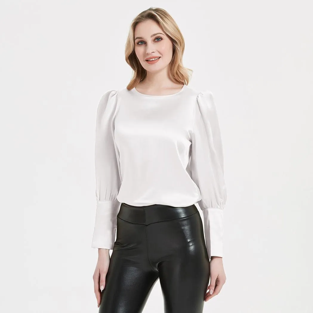 Elegant Womens Silk Blouse 22 Momme Round Neck Silk Top Long Sleeves Silk Shirt