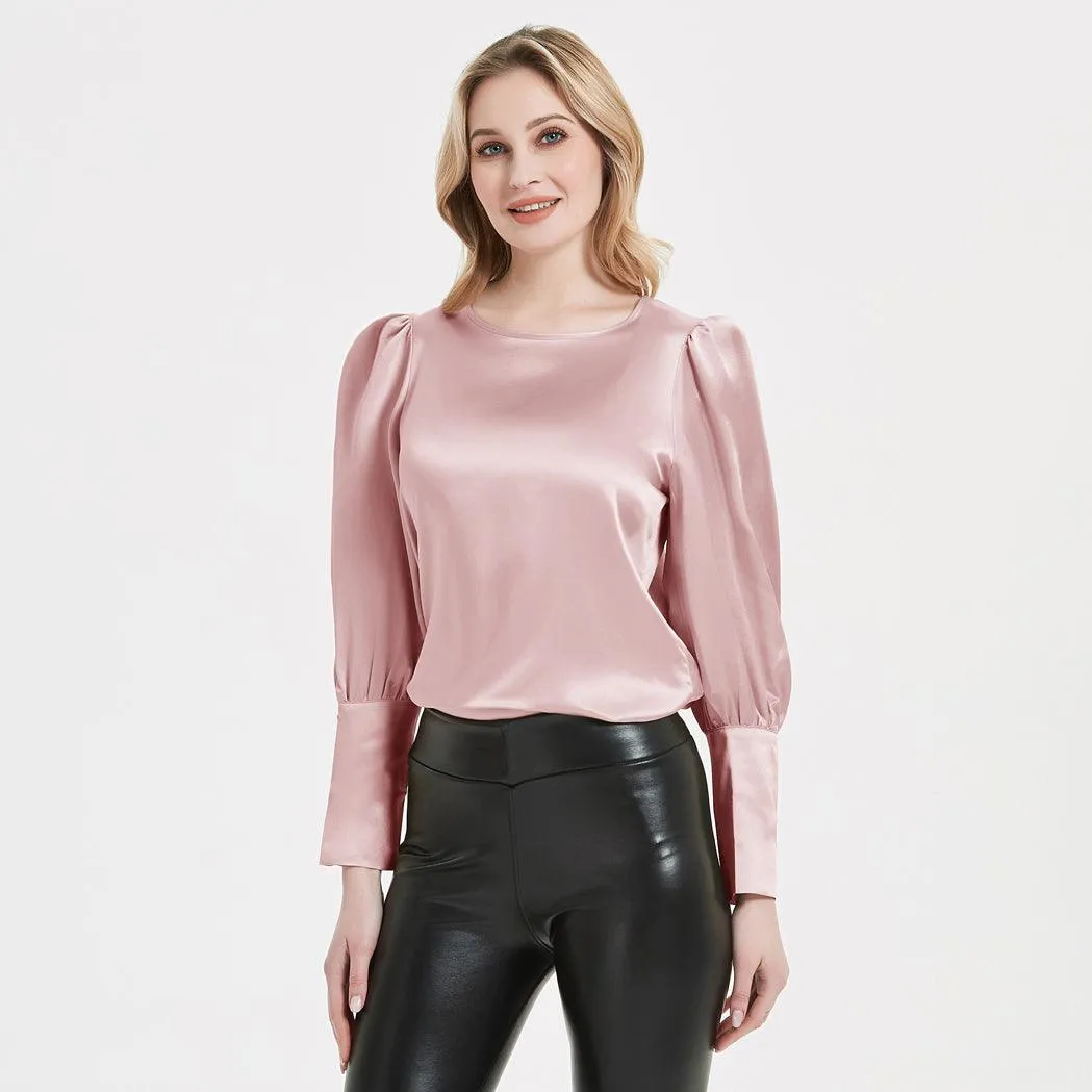 Elegant Womens Silk Blouse 22 Momme Round Neck Silk Top Long Sleeves Silk Shirt