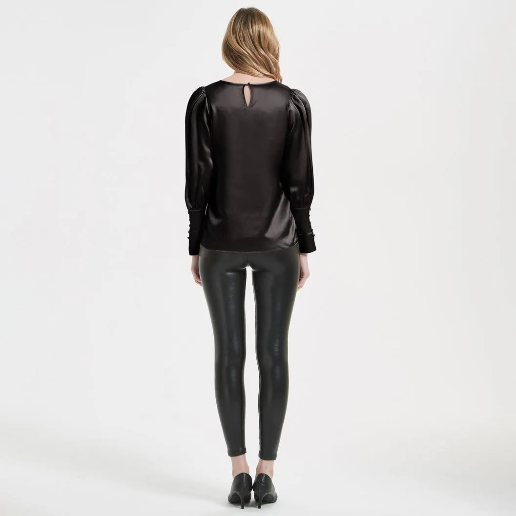 Elegant Womens Silk Blouse 22 Momme Round Neck Silk Top Long Sleeves Silk Shirt