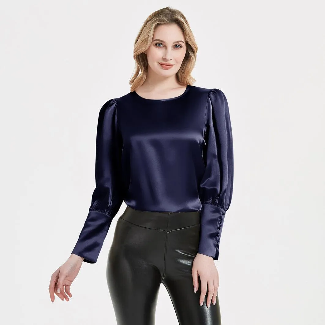 Elegant Womens Silk Blouse 22 Momme Round Neck Silk Top Long Sleeves Silk Shirt