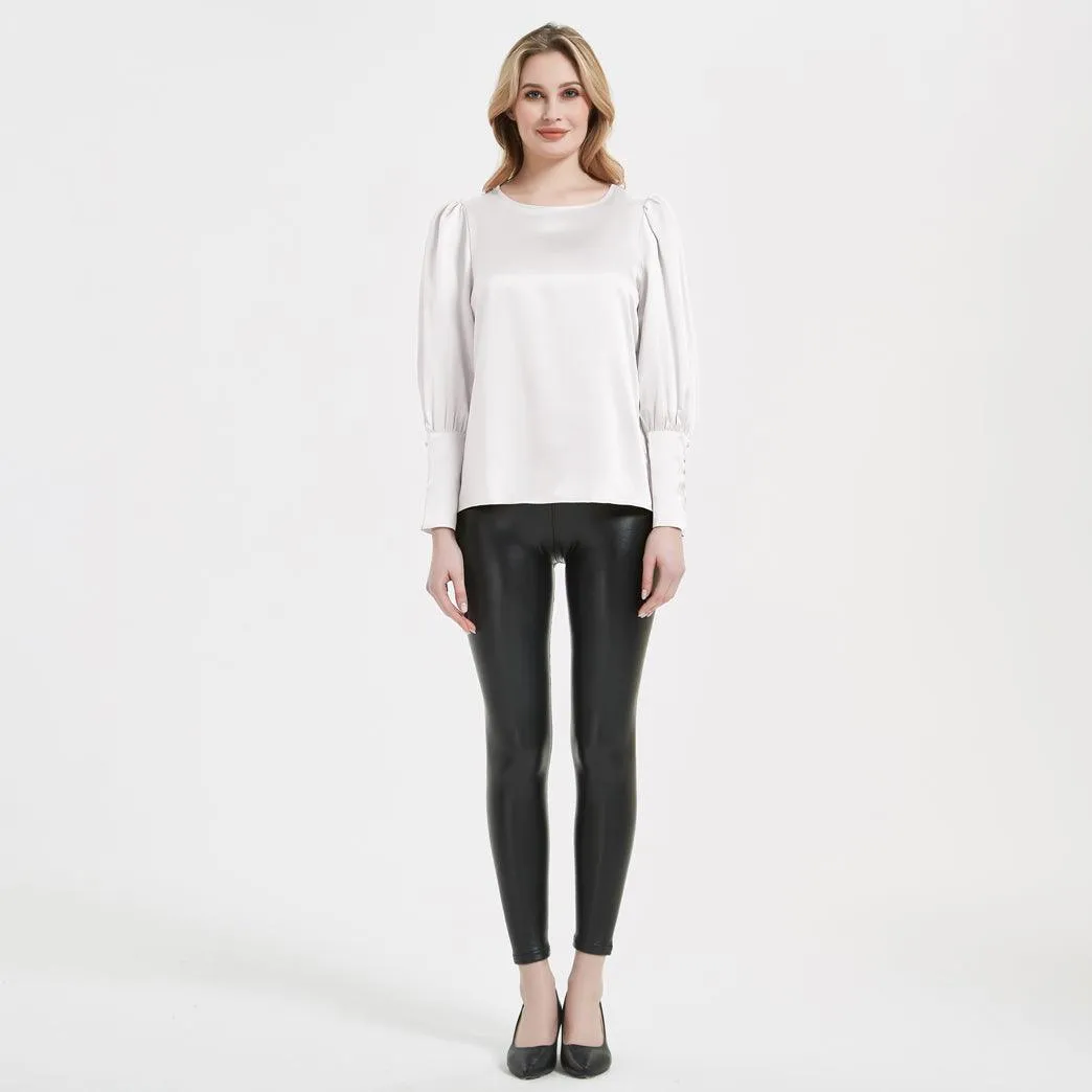 Elegant Womens Silk Blouse 22 Momme Round Neck Silk Top Long Sleeves Silk Shirt