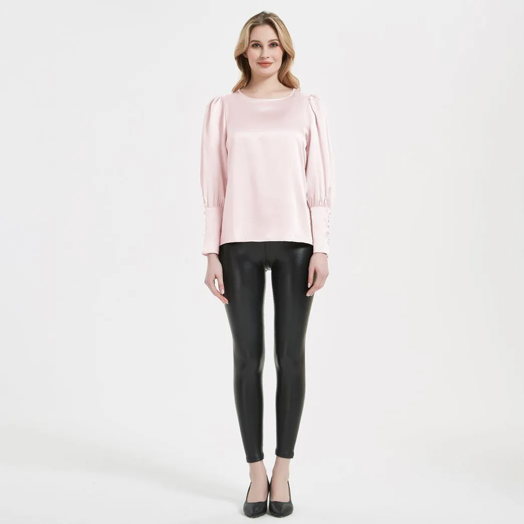 Elegant Womens Silk Blouse 22 Momme Round Neck Silk Top Long Sleeves Silk Shirt
