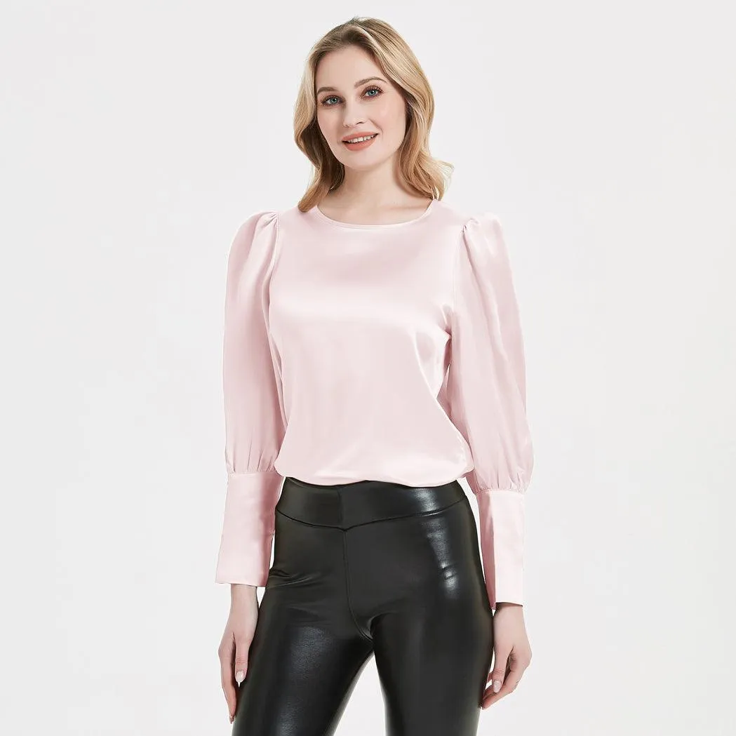 Elegant Womens Silk Blouse 22 Momme Round Neck Silk Top Long Sleeves Silk Shirt