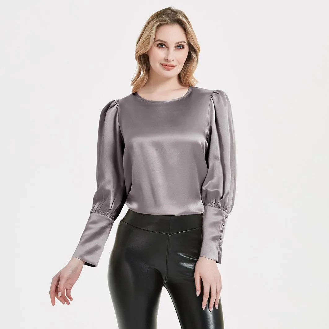 Elegant Womens Silk Blouse 22 Momme Round Neck Silk Top Long Sleeves Silk Shirt