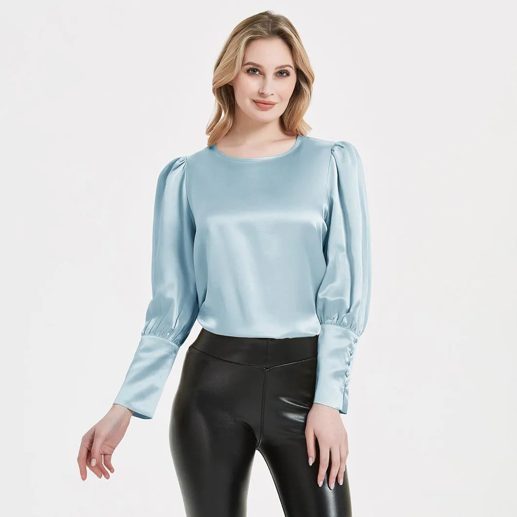 Elegant Womens Silk Blouse 22 Momme Round Neck Silk Top Long Sleeves Silk Shirt