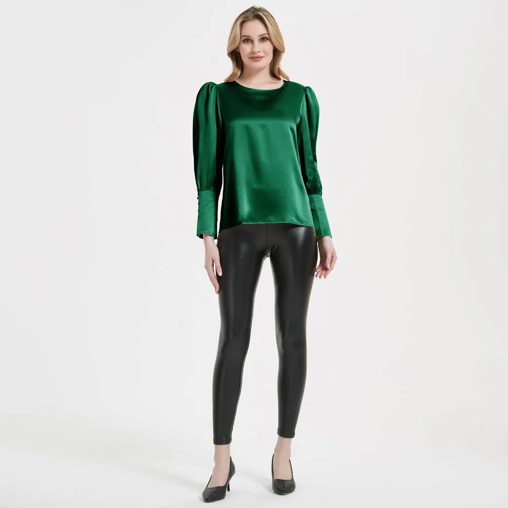 Elegant Womens Silk Blouse 22 Momme Round Neck Silk Top Long Sleeves Silk Shirt