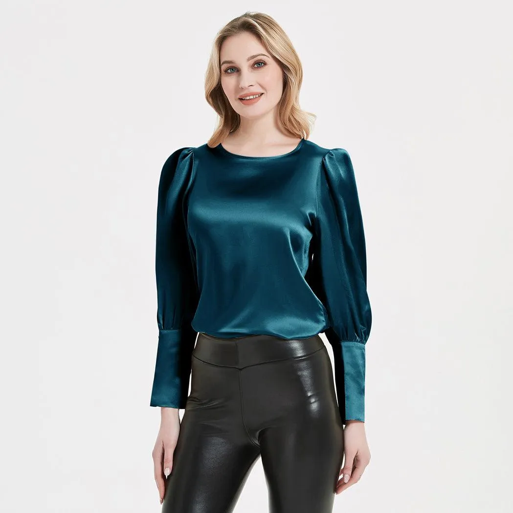 Elegant Womens Silk Blouse 22 Momme Round Neck Silk Top Long Sleeves Silk Shirt