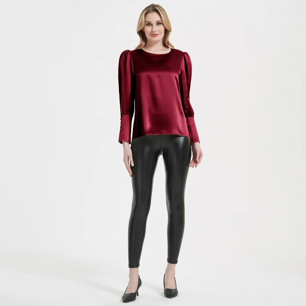 Elegant Womens Silk Blouse 22 Momme Round Neck Silk Top Long Sleeves Silk Shirt