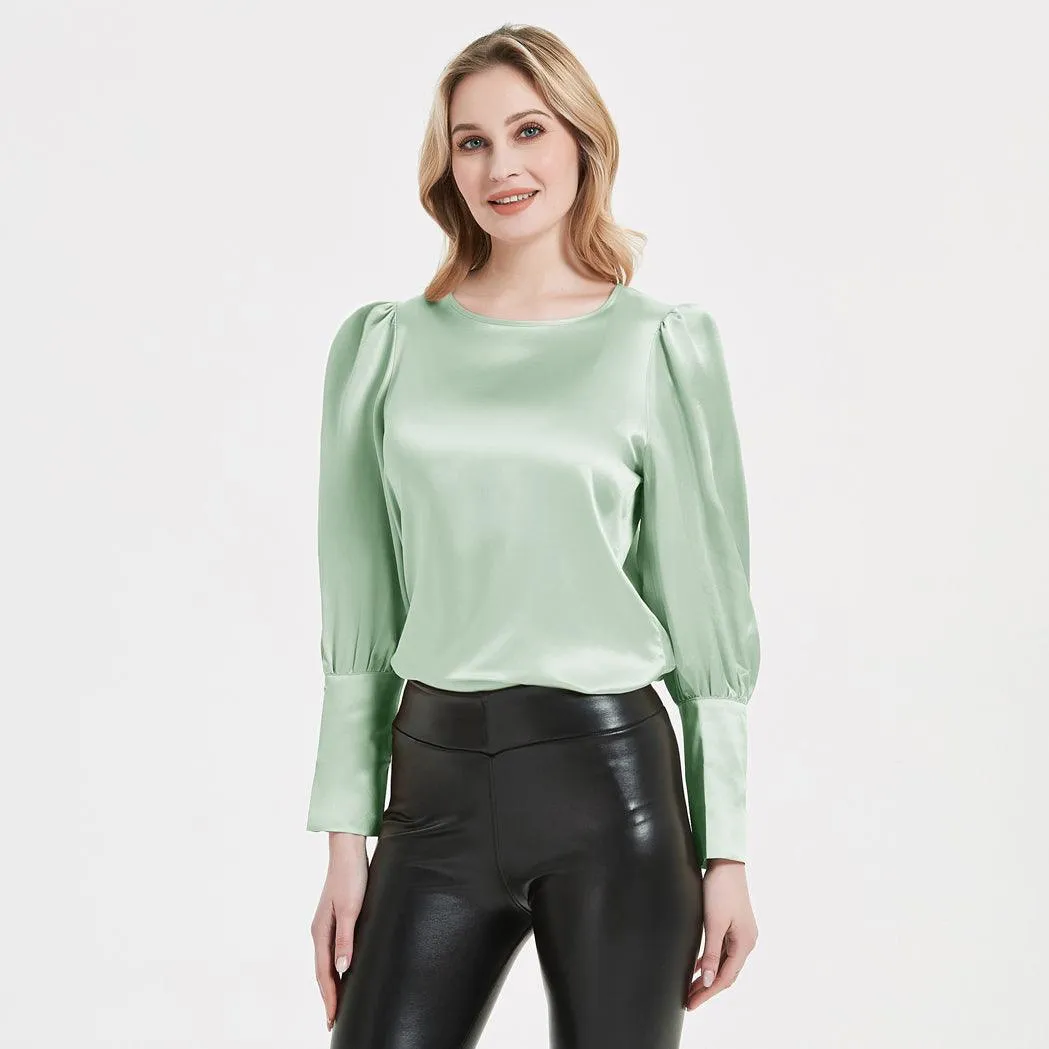 Elegant Womens Silk Blouse 22 Momme Round Neck Silk Top Long Sleeves Silk Shirt