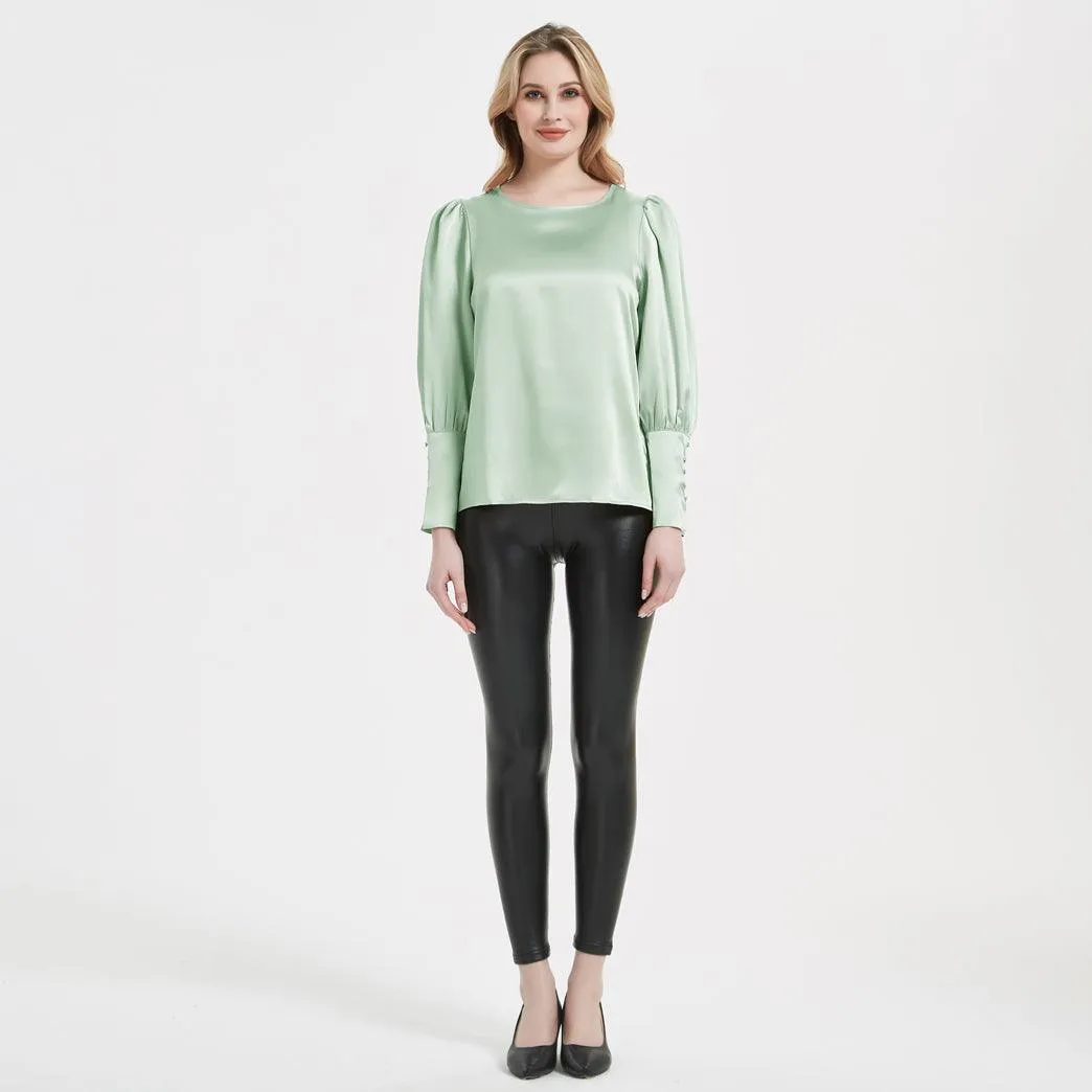 Elegant Womens Silk Blouse 22 Momme Round Neck Silk Top Long Sleeves Silk Shirt
