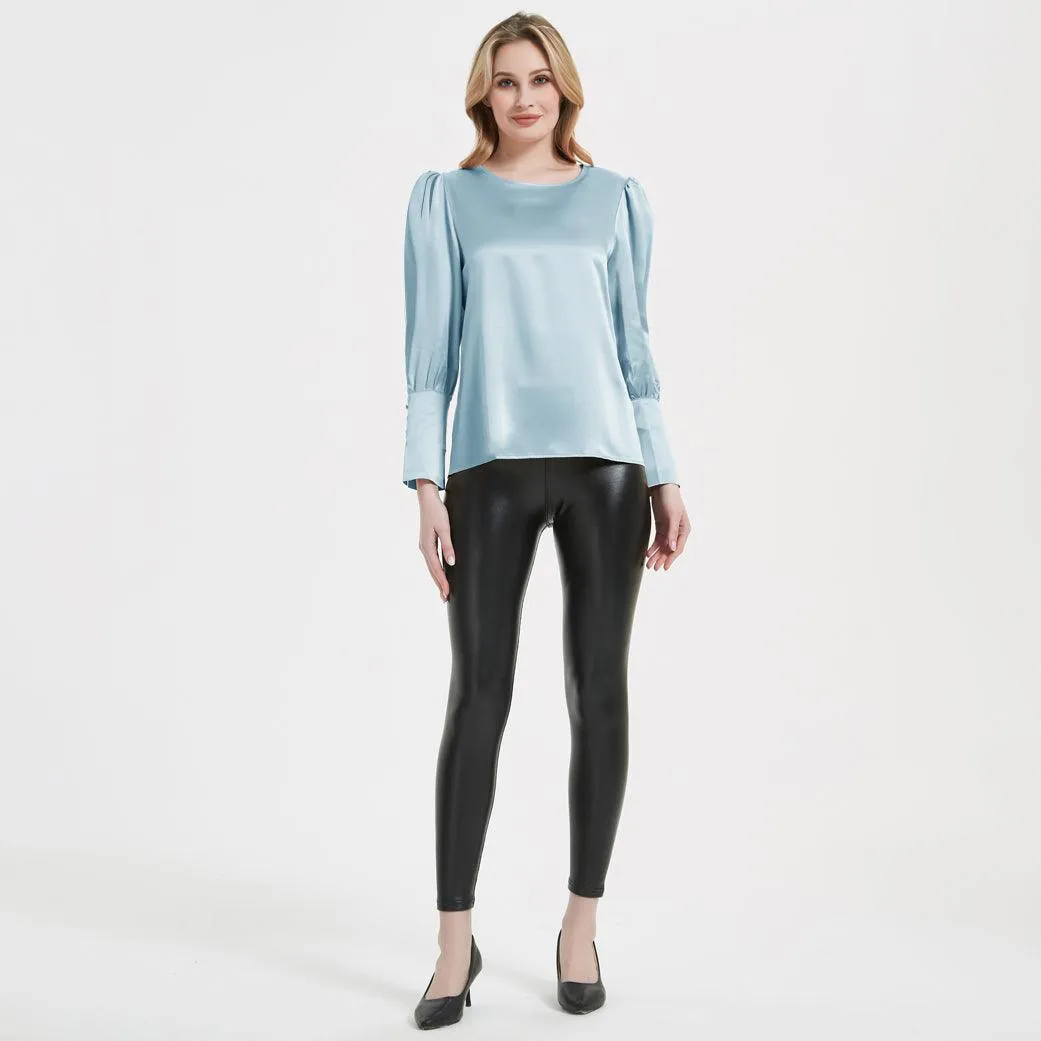 Elegant Womens Silk Blouse 22 Momme Round Neck Silk Top Long Sleeves Silk Shirt