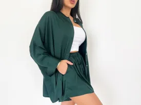 EMERALD COLLARLESS OVERSIZED SILK SHIRT