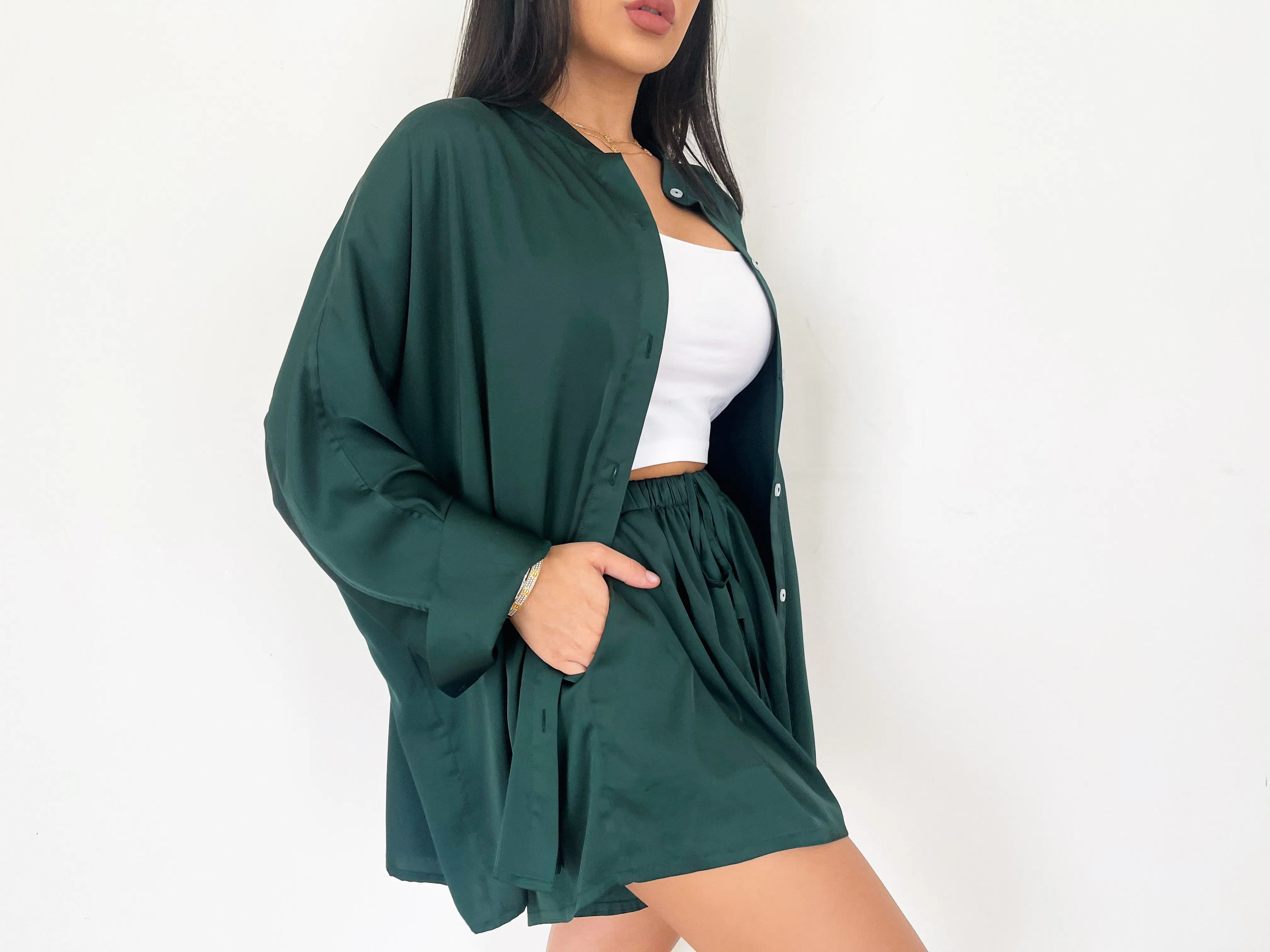 EMERALD COLLARLESS OVERSIZED SILK SHIRT