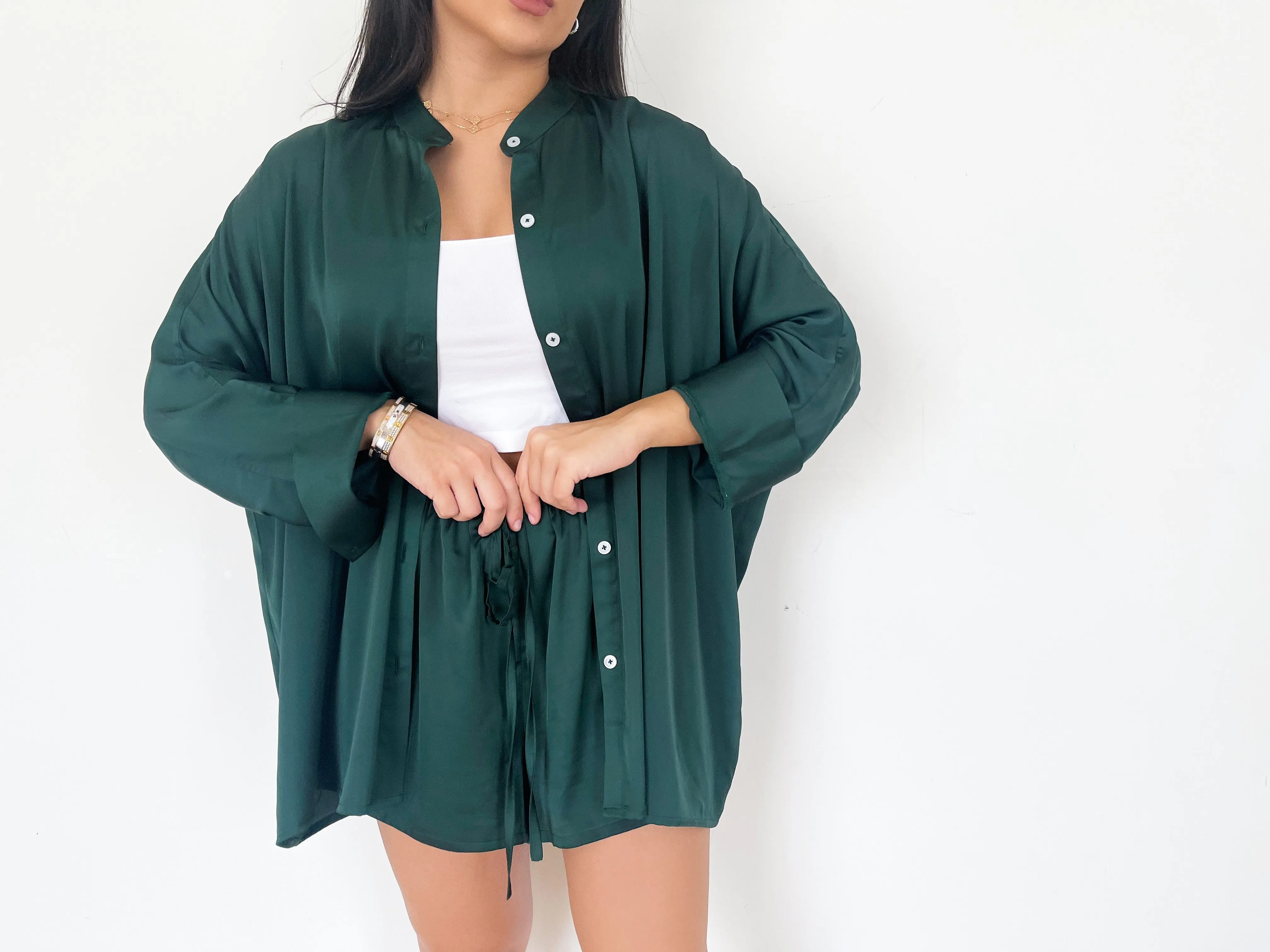 EMERALD COLLARLESS OVERSIZED SILK SHIRT