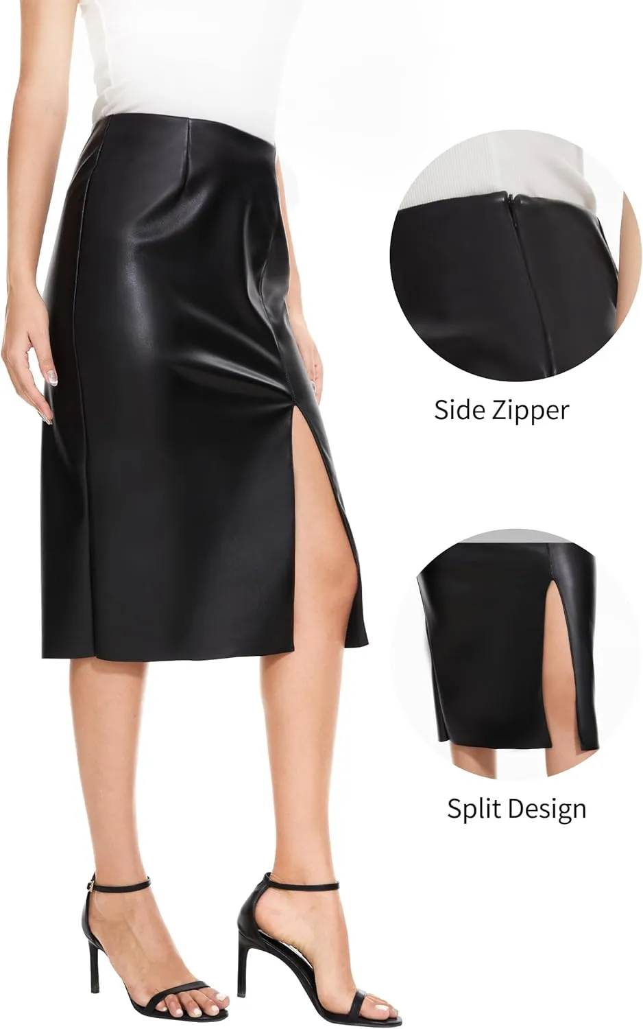 Fahsyee Womens Leather Skirt, Bodycon Faux Mini High Waist Casual Zip PU Slim Pencil Plus Size