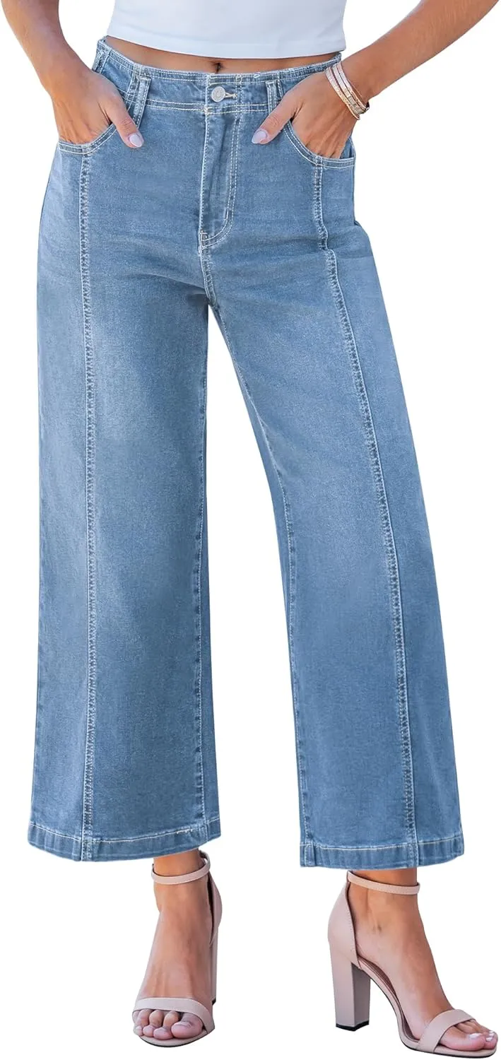 GRAPENT Wide Leg Jeans Woman Trendy Cropped High Waisted Front Seam Casual Stretchy Denim Trouser Jeans with Pockets