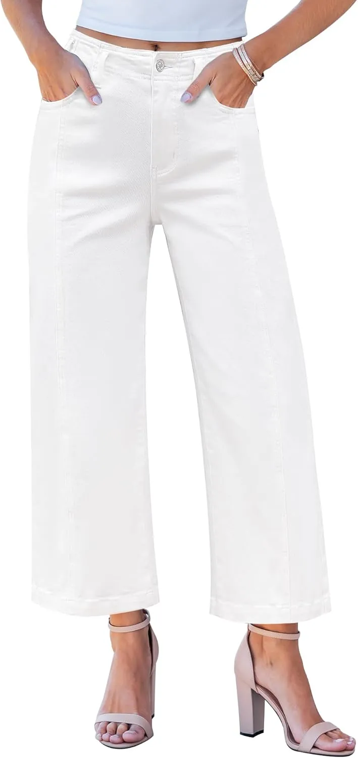 GRAPENT Wide Leg Jeans Woman Trendy Cropped High Waisted Front Seam Casual Stretchy Denim Trouser Jeans with Pockets