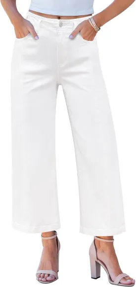 GRAPENT Wide Leg Jeans Woman Trendy Cropped High Waisted Front Seam Casual Stretchy Denim Trouser Jeans with Pockets