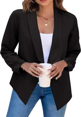 GRASWE Women's Open Front Button Casual Jacket Lapel Collared Summer Jacket Work Solid Long Sleeve Cardigan Jacket