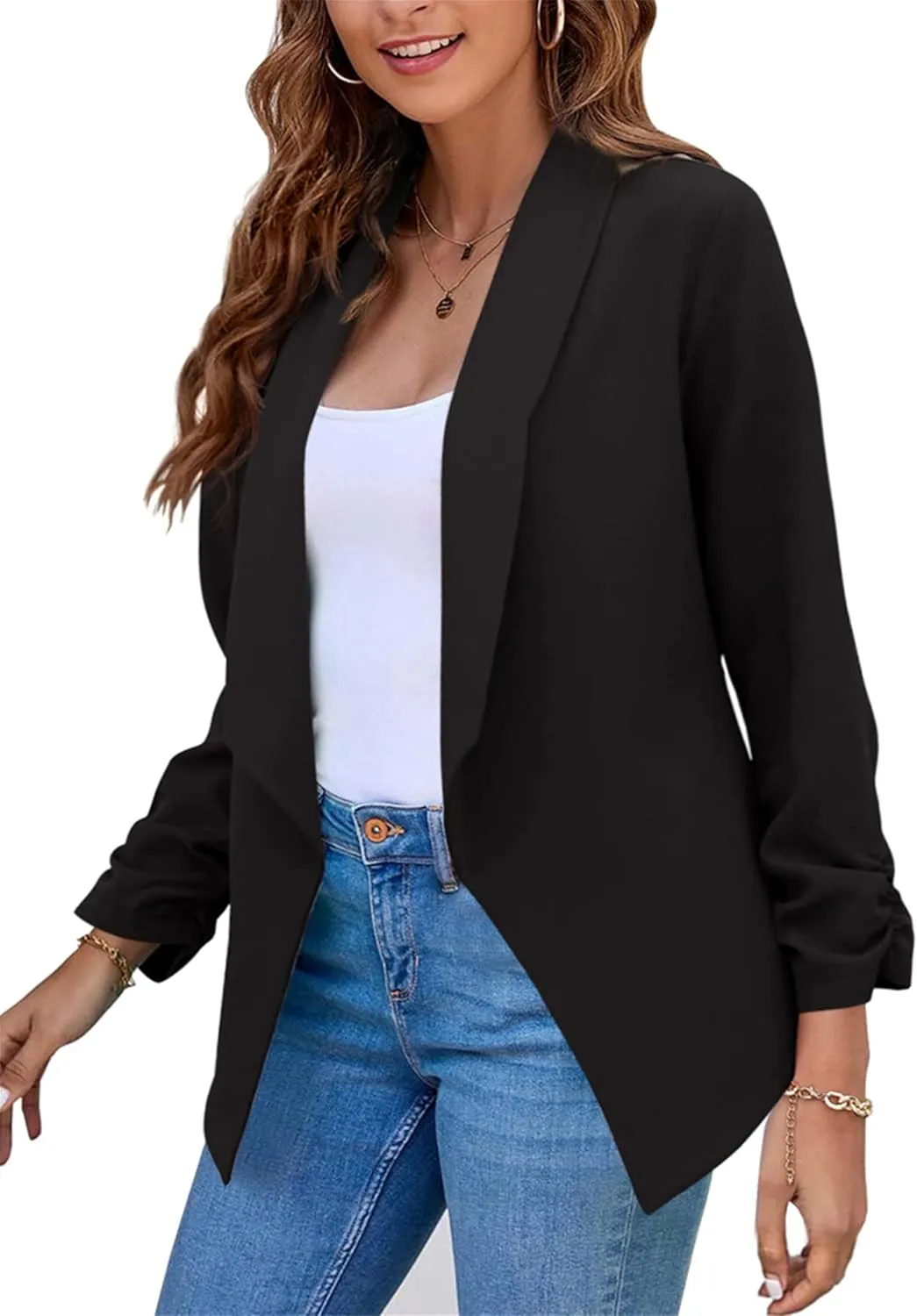 GRASWE Women's Open Front Button Casual Jacket Lapel Collared Summer Jacket Work Solid Long Sleeve Cardigan Jacket