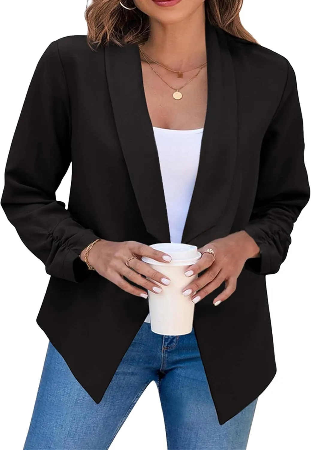 GRASWE Women's Open Front Button Casual Jacket Lapel Collared Summer Jacket Work Solid Long Sleeve Cardigan Jacket