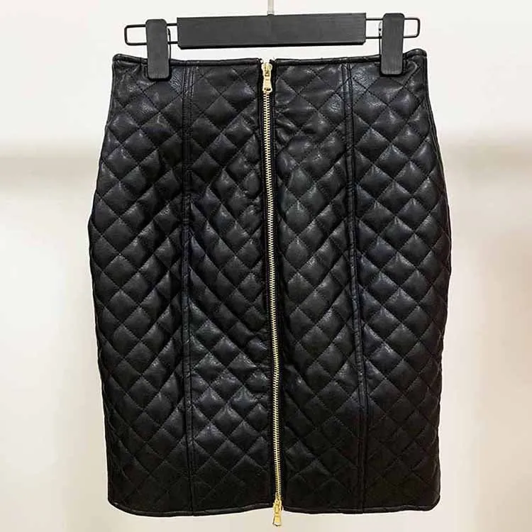 Hight Waisted Black Leather Formal Skirt Gold-tone Mini Skirt for Ladies
