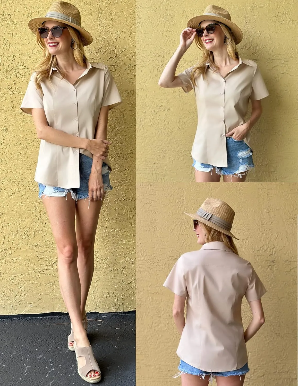 HOTOUCH Women's Basic Button Up Shirt Short Sleeve Stretchy Button Down Collared Shirts Waitress Work Shirt