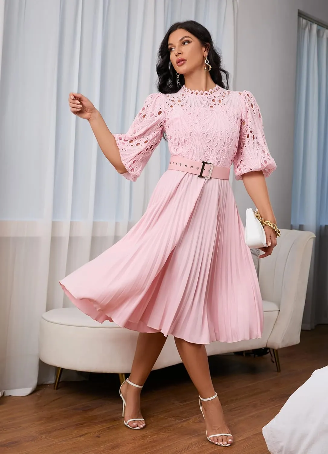 IWFEV Lace Pleated Dress Puff Sleeve Mid-Calf Short Sleeve Midi Dress Hollow Party Evening Dress