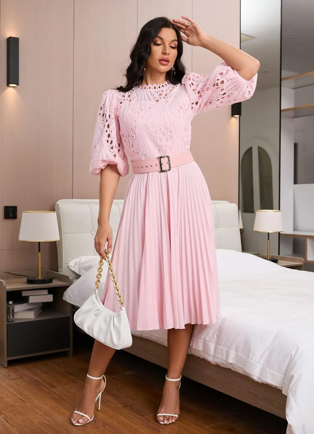 IWFEV Lace Pleated Dress Puff Sleeve Mid-Calf Short Sleeve Midi Dress Hollow Party Evening Dress