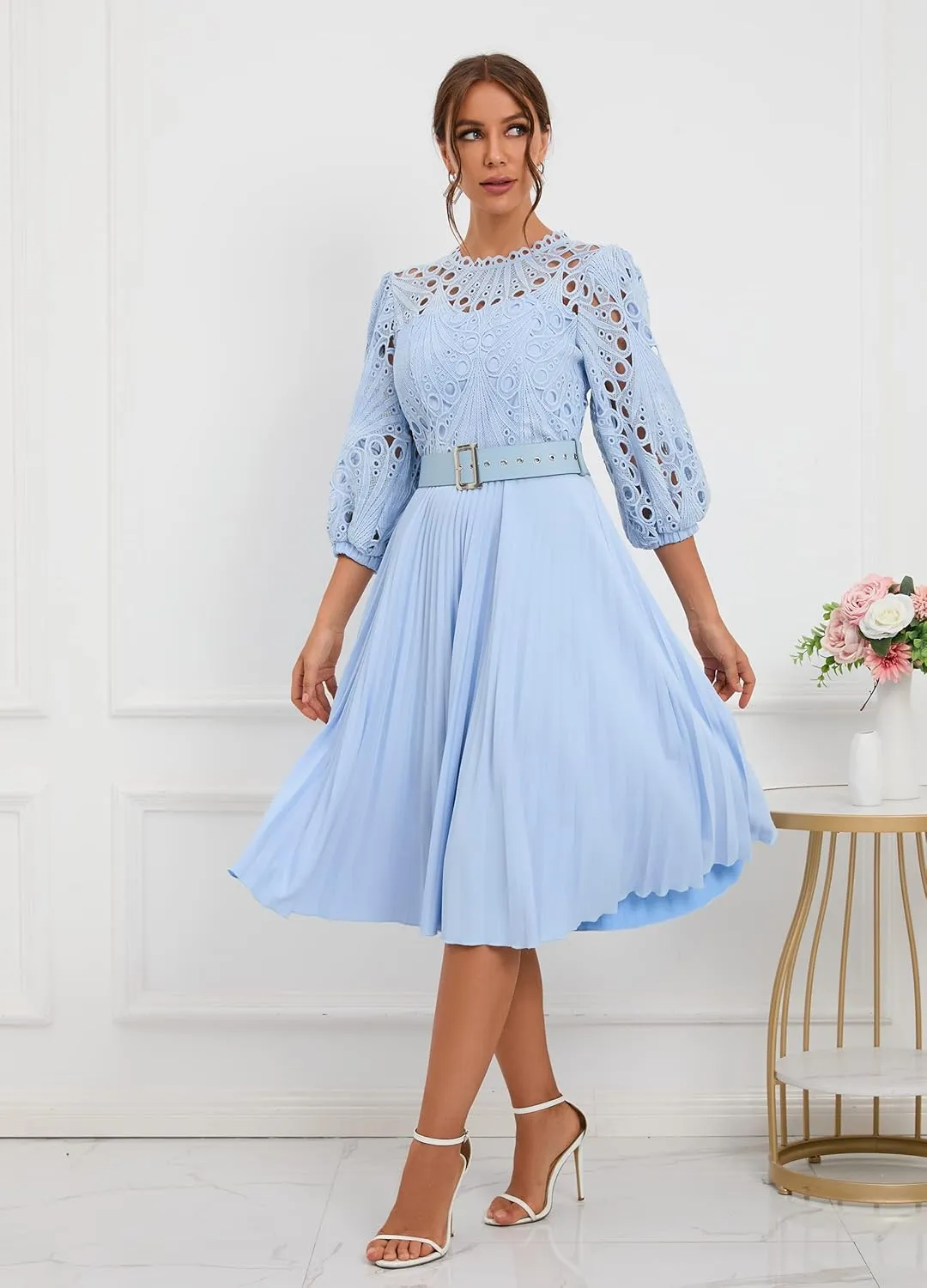 IWFEV Lace Pleated Dress Puff Sleeve Mid-Calf Short Sleeve Midi Dress Hollow Party Evening Dress