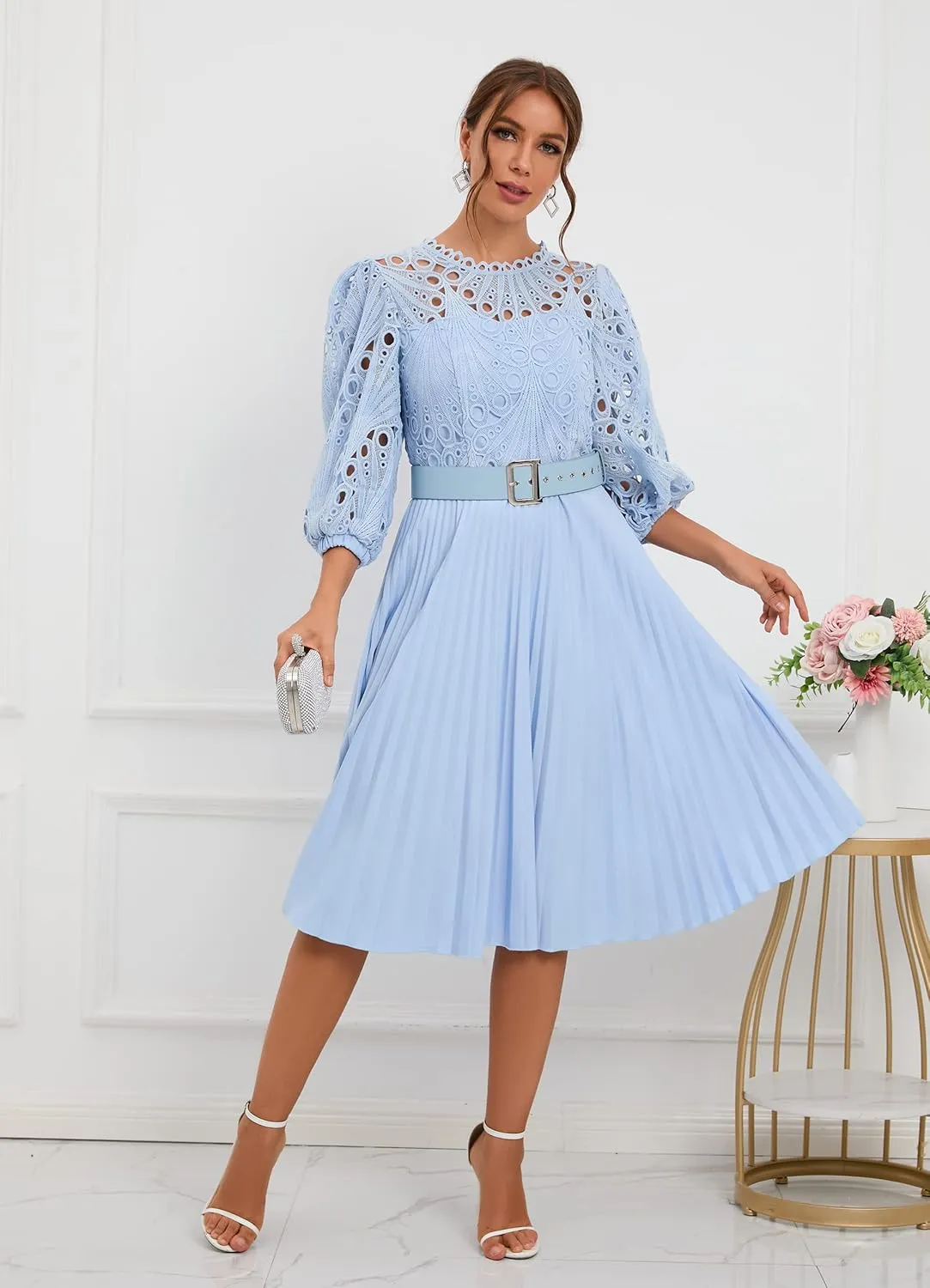 IWFEV Lace Pleated Dress Puff Sleeve Mid-Calf Short Sleeve Midi Dress Hollow Party Evening Dress