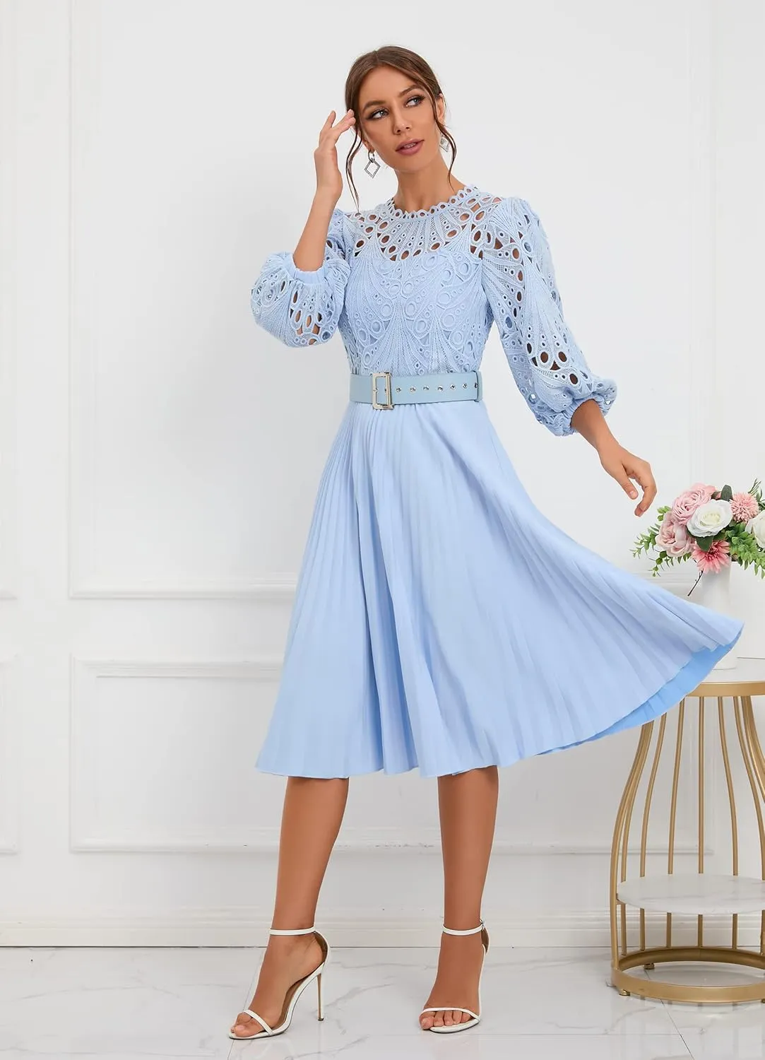 IWFEV Lace Pleated Dress Puff Sleeve Mid-Calf Short Sleeve Midi Dress Hollow Party Evening Dress