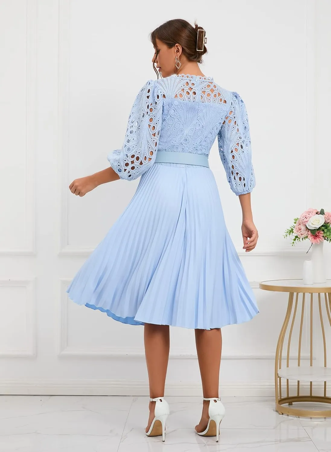 IWFEV Lace Pleated Dress Puff Sleeve Mid-Calf Short Sleeve Midi Dress Hollow Party Evening Dress