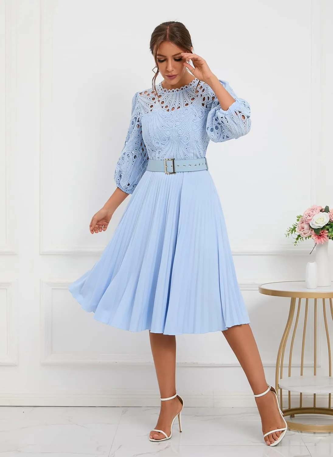 IWFEV Lace Pleated Dress Puff Sleeve Mid-Calf Short Sleeve Midi Dress Hollow Party Evening Dress