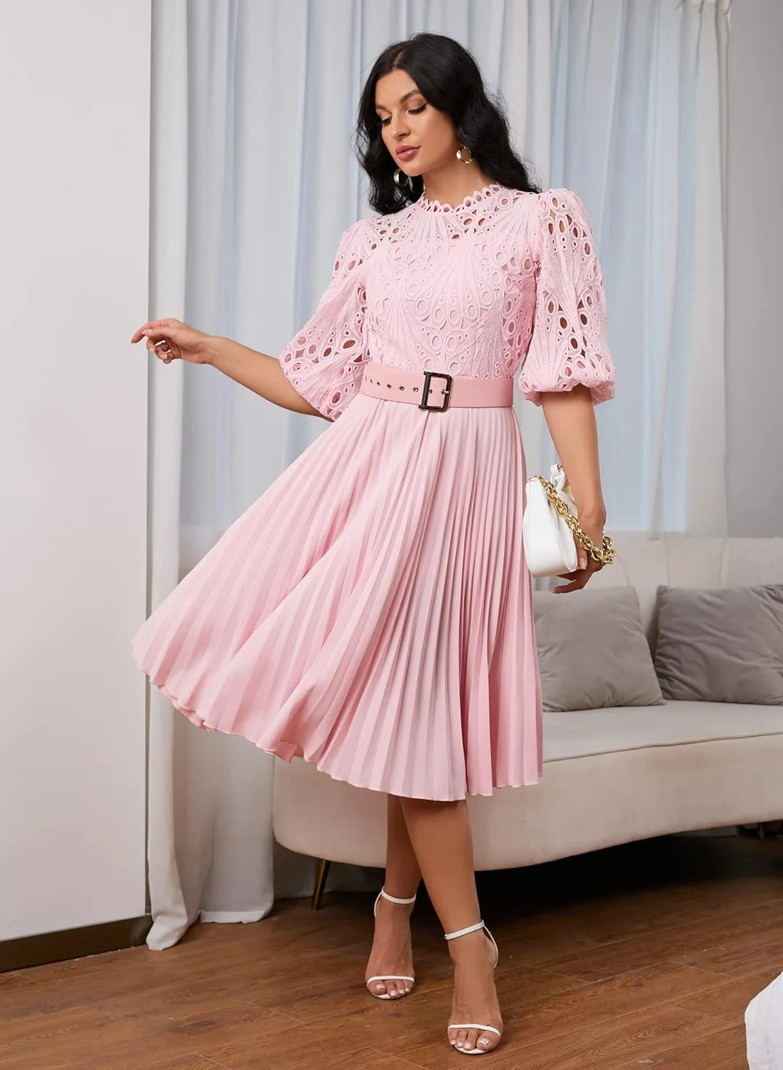 IWFEV Lace Pleated Dress Puff Sleeve Mid-Calf Short Sleeve Midi Dress Hollow Party Evening Dress