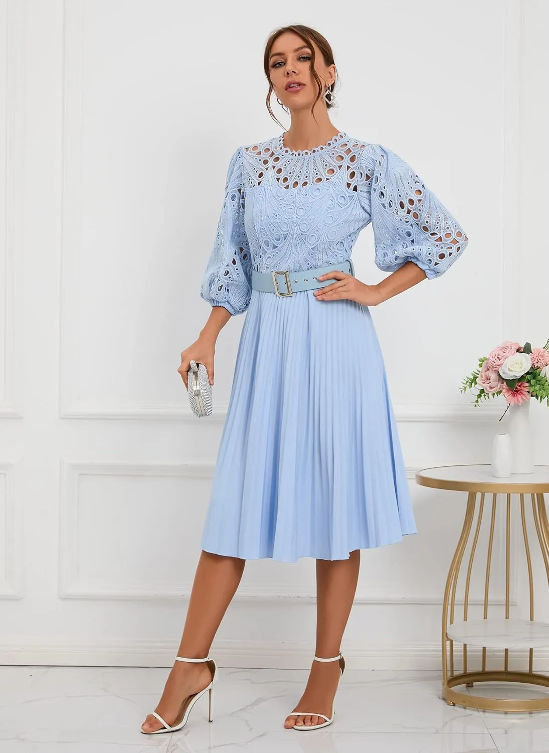 IWFEV Lace Pleated Dress Puff Sleeve Mid-Calf Short Sleeve Midi Dress Hollow Party Evening Dress